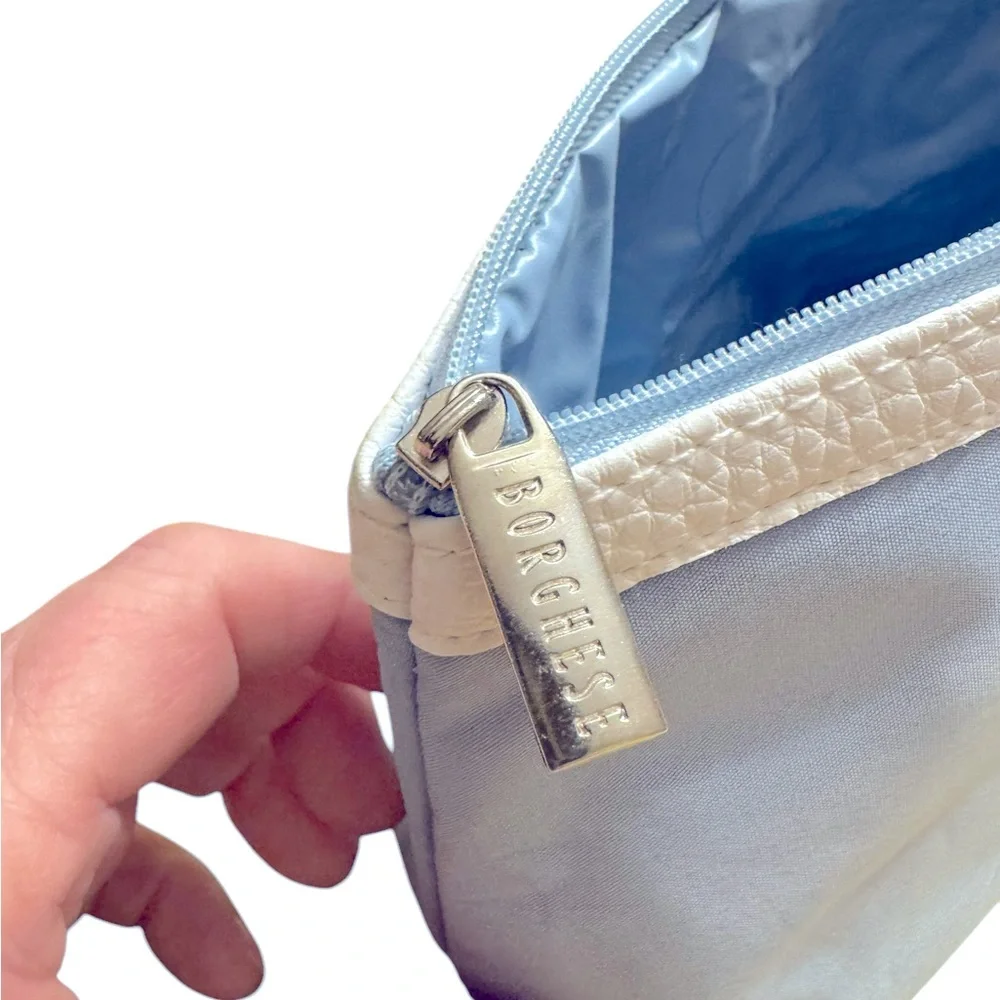 Borghese blue cosmetics bag w/travel size collection of skincare products. NEW